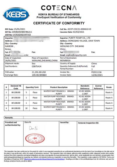 PVOC Quisque Export in Africae regionibus (Kenya)